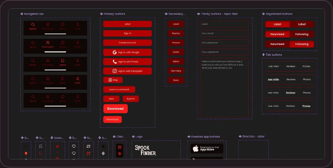 Planche des composants de l’application : barres de navigation, boutons, champs de saisie, onglets, icônes et logo