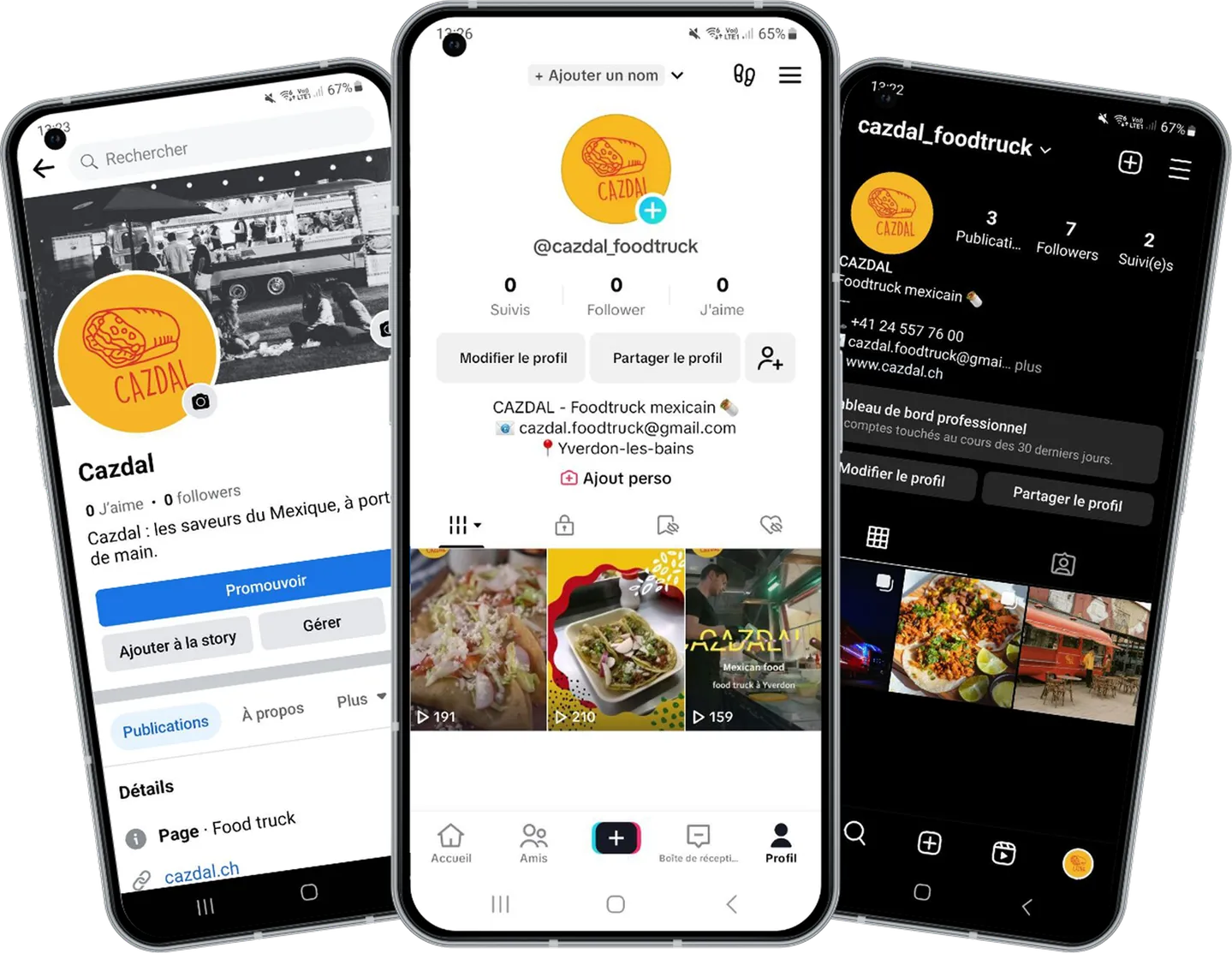 Profils Facebook, Instagram et TikTok de Cazdal affichés sur trois téléphones