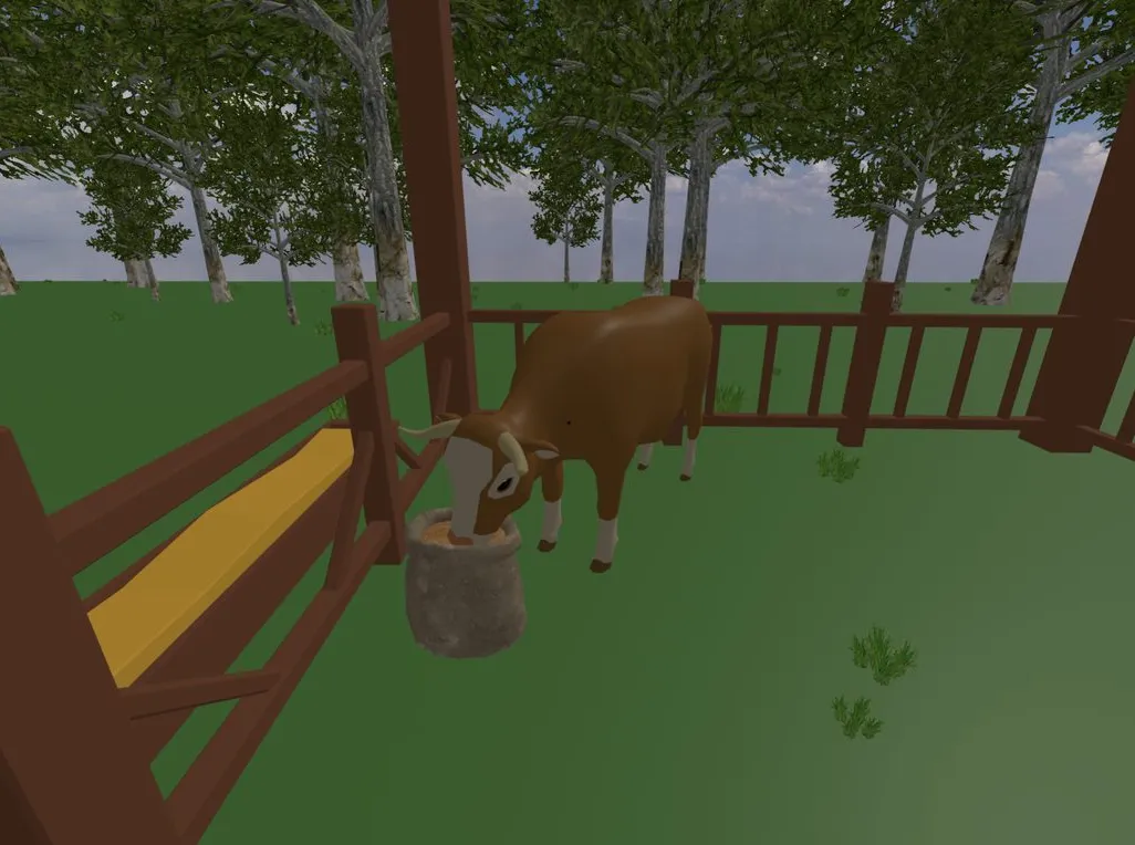 Une vache mange des grains dans un seau, derrière la barrière de son enclos