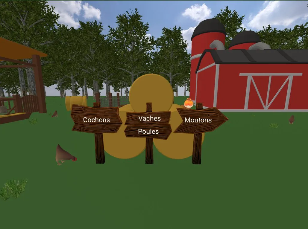 Panneaux en bois « Cochons », « Vaches », « Moutons » et « Poules » devant des bottes de paille et une grange
