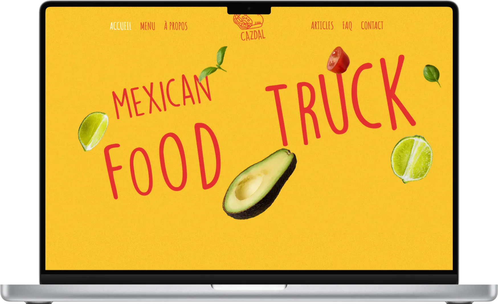 Page d’accueil du site WordPress cazdal.ch affichée sur un ordinateur portable : « Mexican food truck » en lettres rouges sur fond jaune