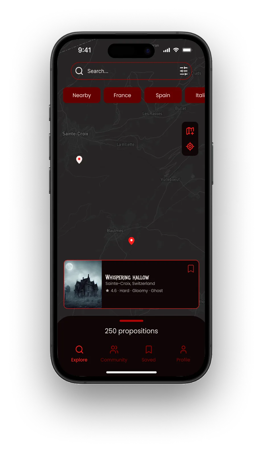 Écran de carte de SpookFinder : marqueurs rouges sur une carte sombre et aperçu du lieu « Whispering Hallow »