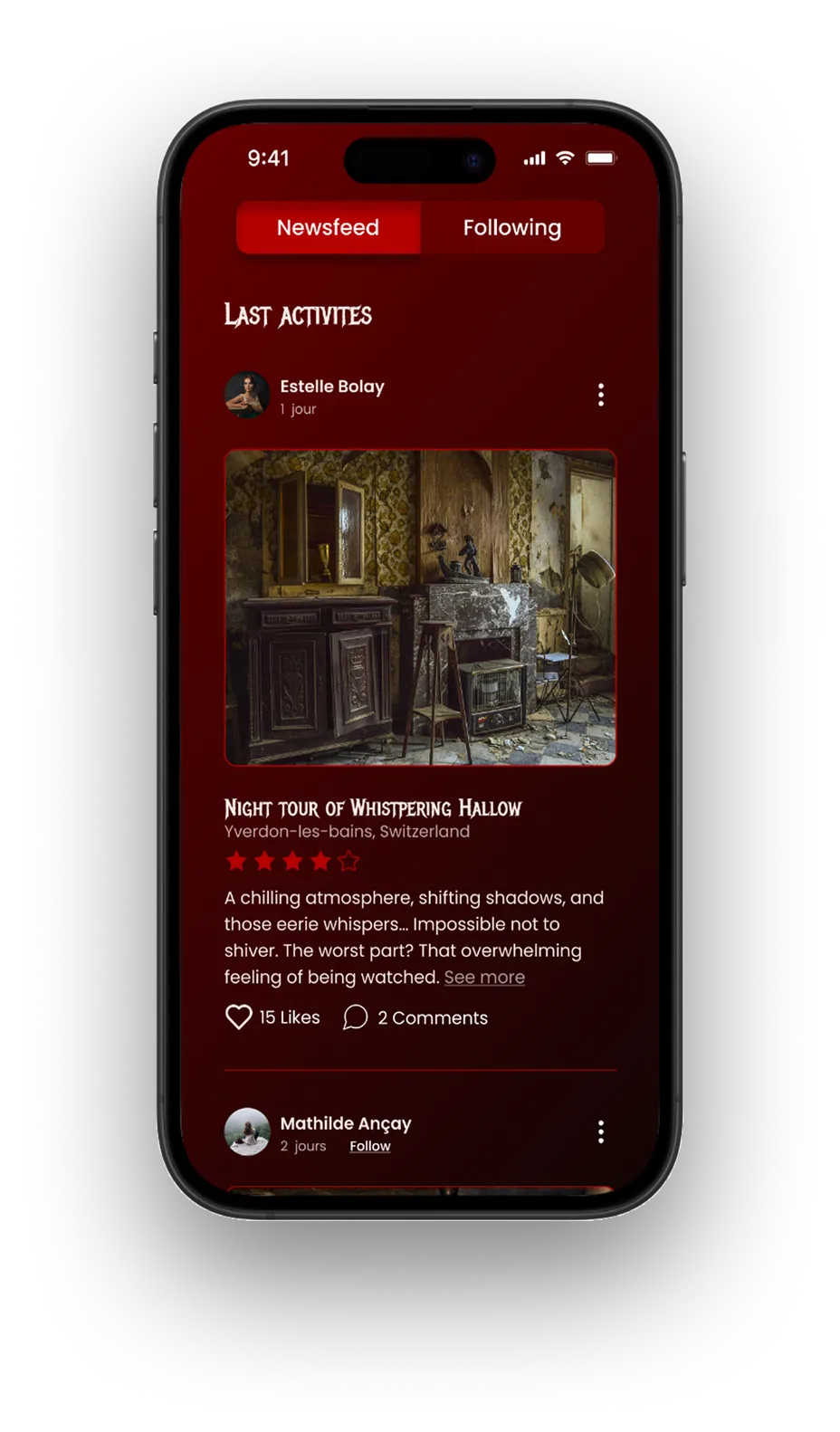 Onglet communauté de SpookFinder : fil d’activités avec la publication notée d’une visite nocturne