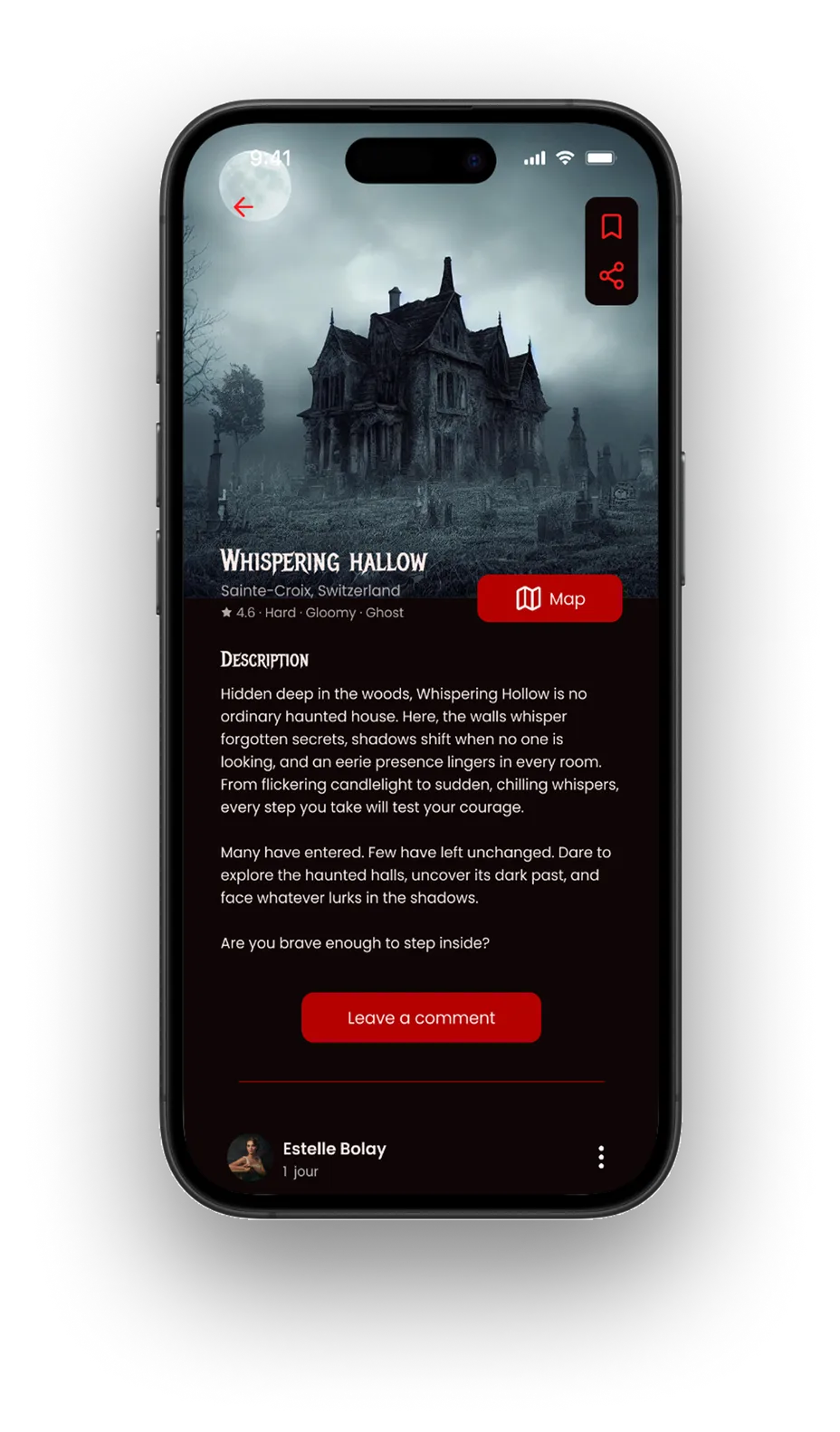 Fiche du lieu « Whispering Hallow » : photo de la maison, note, description et bouton pour laisser un commentaire