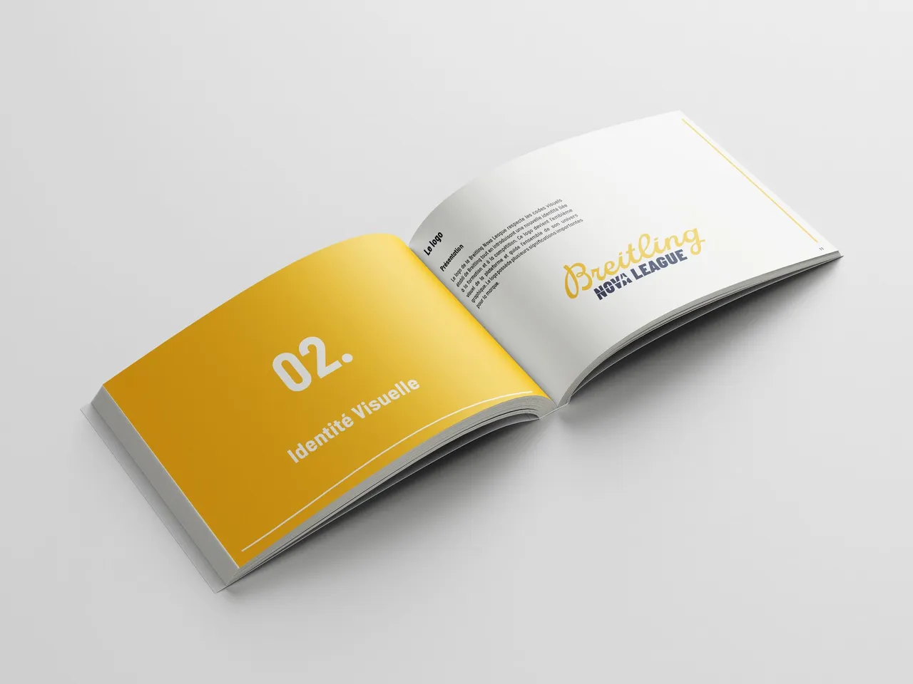 Charte graphique imprimée, ouverte sur la page « Identité visuelle » et le logo Breitling Nova League