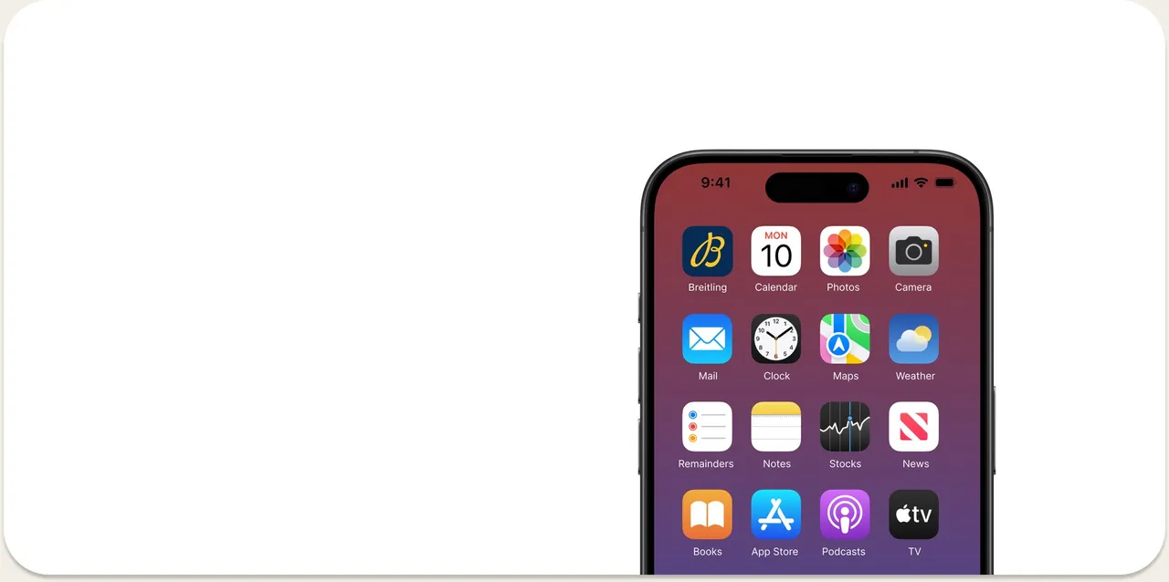 Écran d’accueil d’un iPhone avec l’icône de l’application Breitling Nova League parmi les autres applications