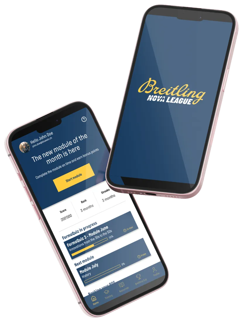 Deux téléphones montrant le prototype Breitling Nova League : l’écran de lancement et le tableau de bord de formation
