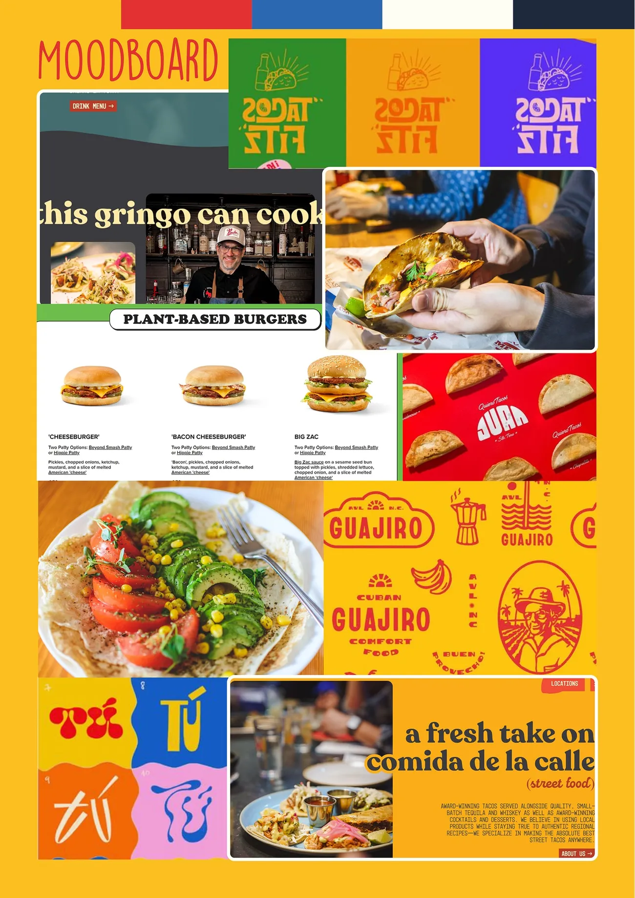 Planche d’inspiration : burgers, tacos, affiches et typographies jaune et rouge