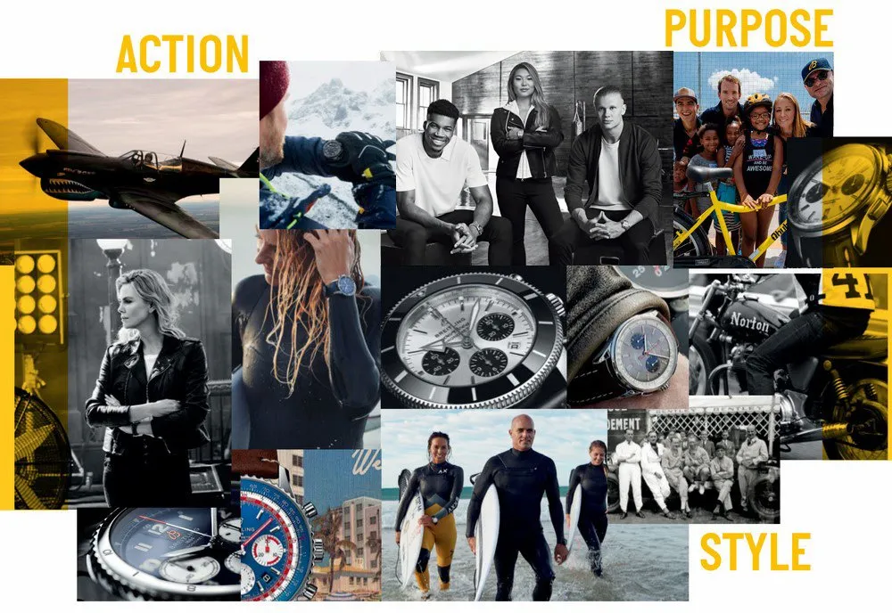 Planche d’inspiration de la marque Breitling : montres, pilotes, surfeuses et portraits d’ambassadeurs, sous les mots Action, Purpose et Style