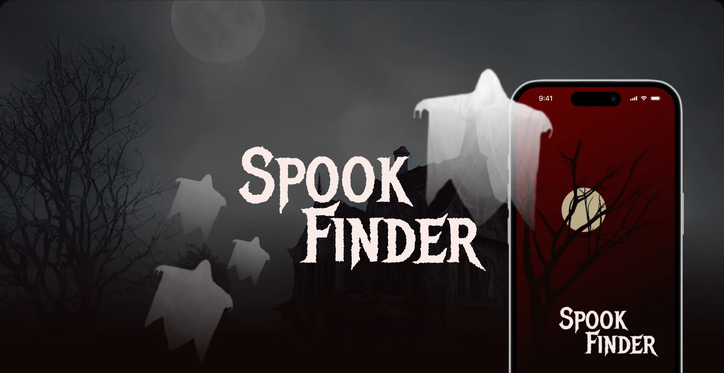 Logo SpookFinder entouré de fantômes devant une maison hantée, à côté d’un smartphone affichant l’écran d’accueil de l’application