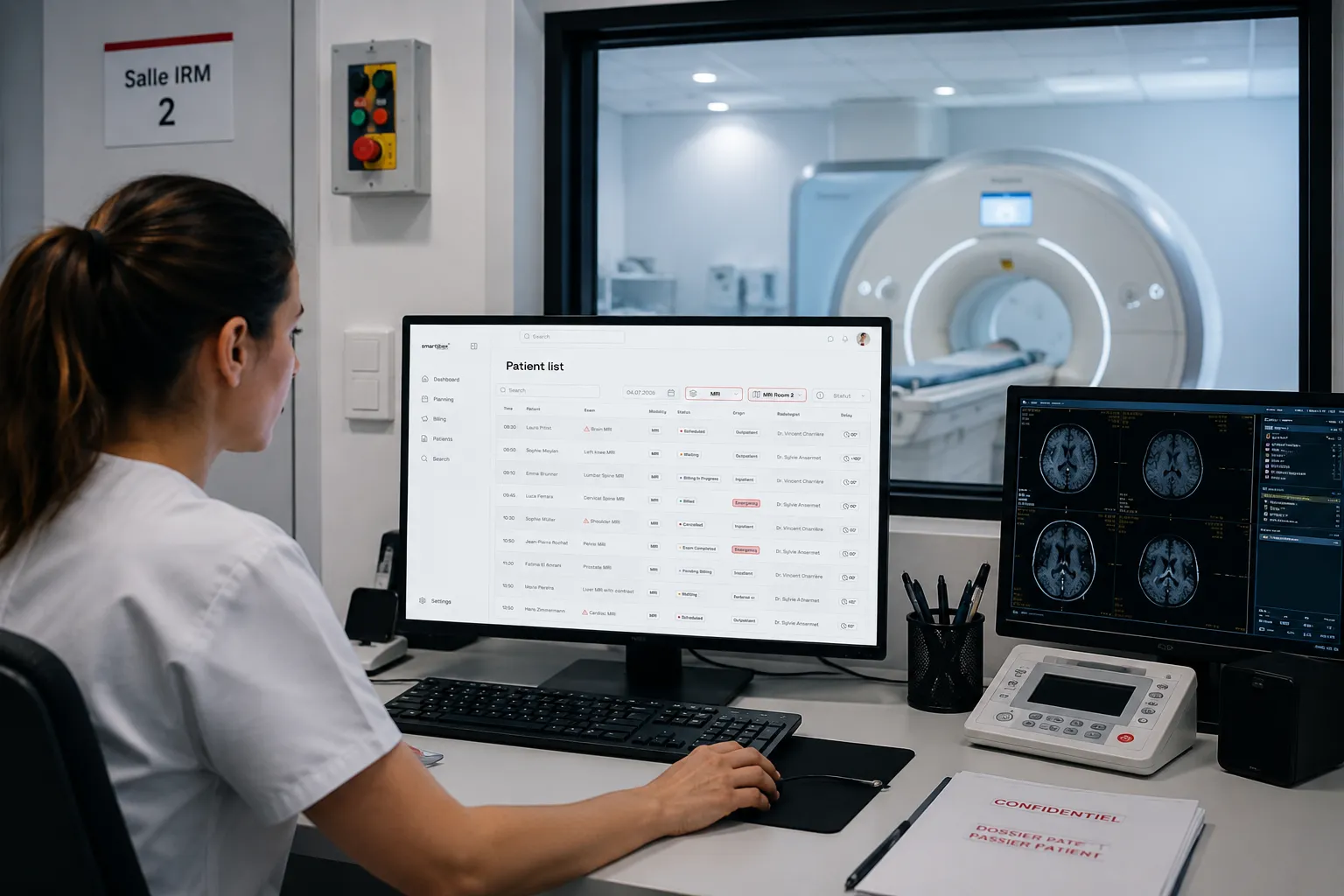 Une technicienne en radiologie consulte la liste des patient·e·s du module de facturation, devant un scanner